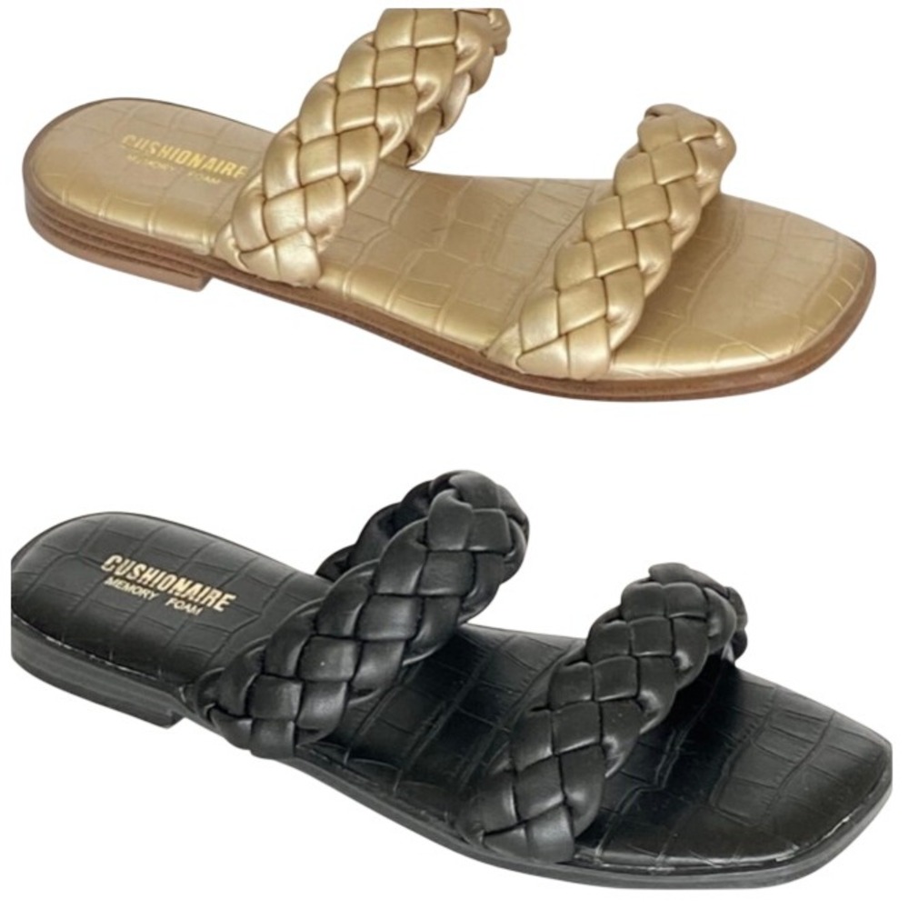 LOT of 2 Cushionaire Vicki Braided Strap Slide Sandals Gold Black Flats - Picture 1 of 10